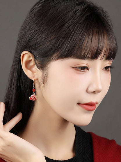 Antique Red Earrings With Cheongsam Retro Temperament Joker Jade Sterling Silver Ethnic Vintage Style Earrings