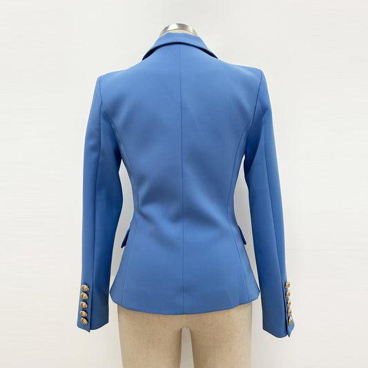 Trendy Double-Breasted Lion Button Blazer in Lake Blue
