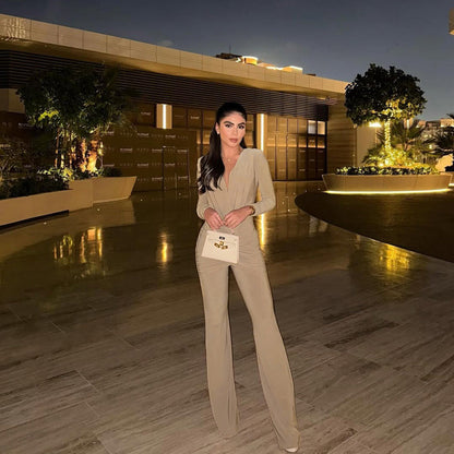 Elegant Slim-Fit Deep V Long Sleeve Jumpsuit