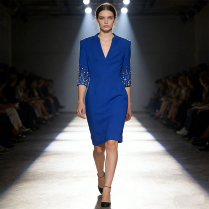 V-Neck Knee-Length Dress With Beaded Details For Parties