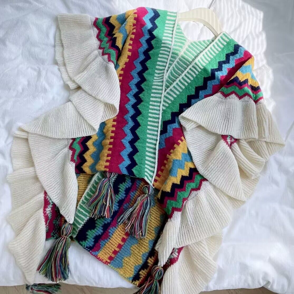 Ethnic Style Shawl Women'S Wooden Ears Fashionably Wear Knitted Cloak