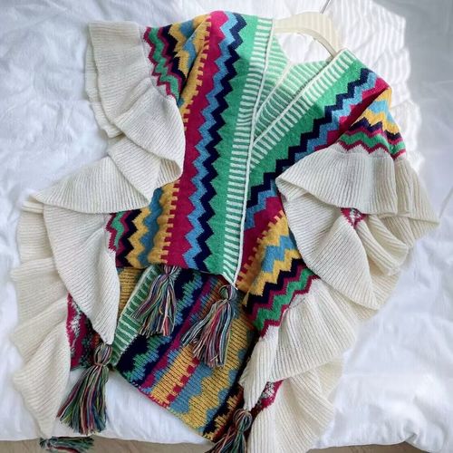 Ethnic Style Shawl Women'S Wooden Ears Fashionably Wear Knitted Cloak