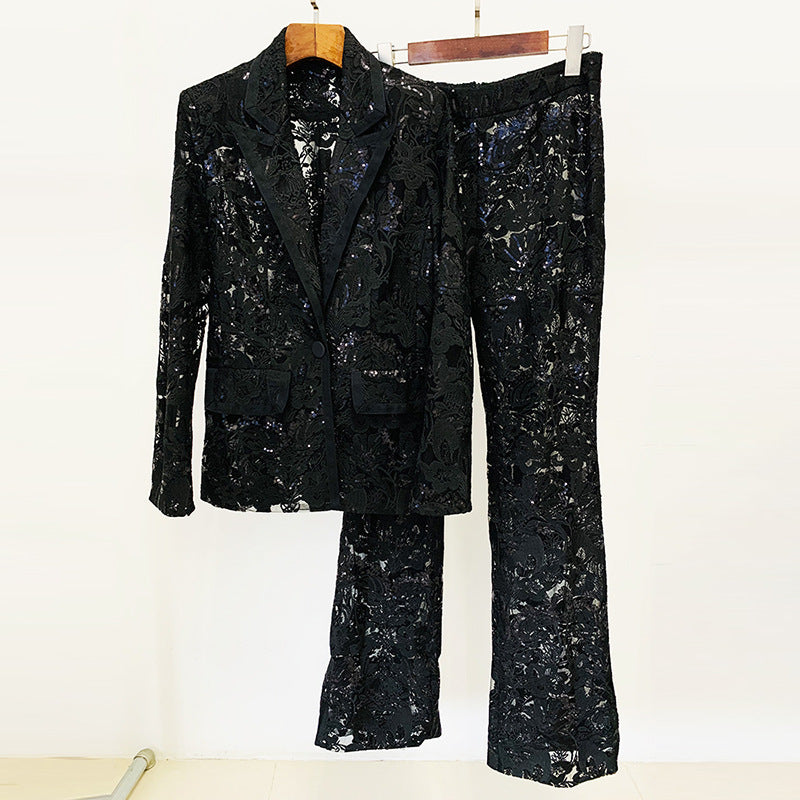 Fashionable Sheer Embroidered Blazer And Trouser Set