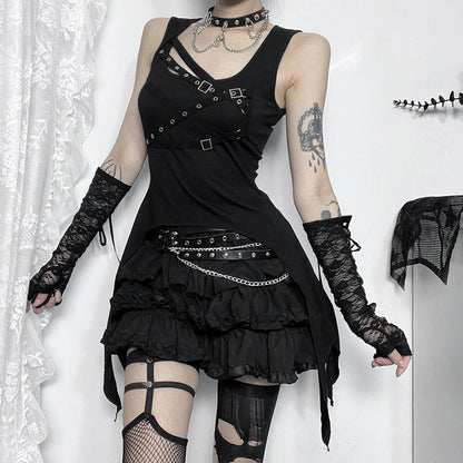 Trendy Black Irregular Eyelet Tank Top for Street Style