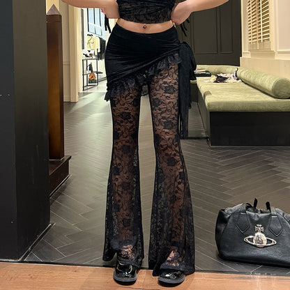Dark Velvet Crop Top And Asymmetrical Lace Flare Pants Set