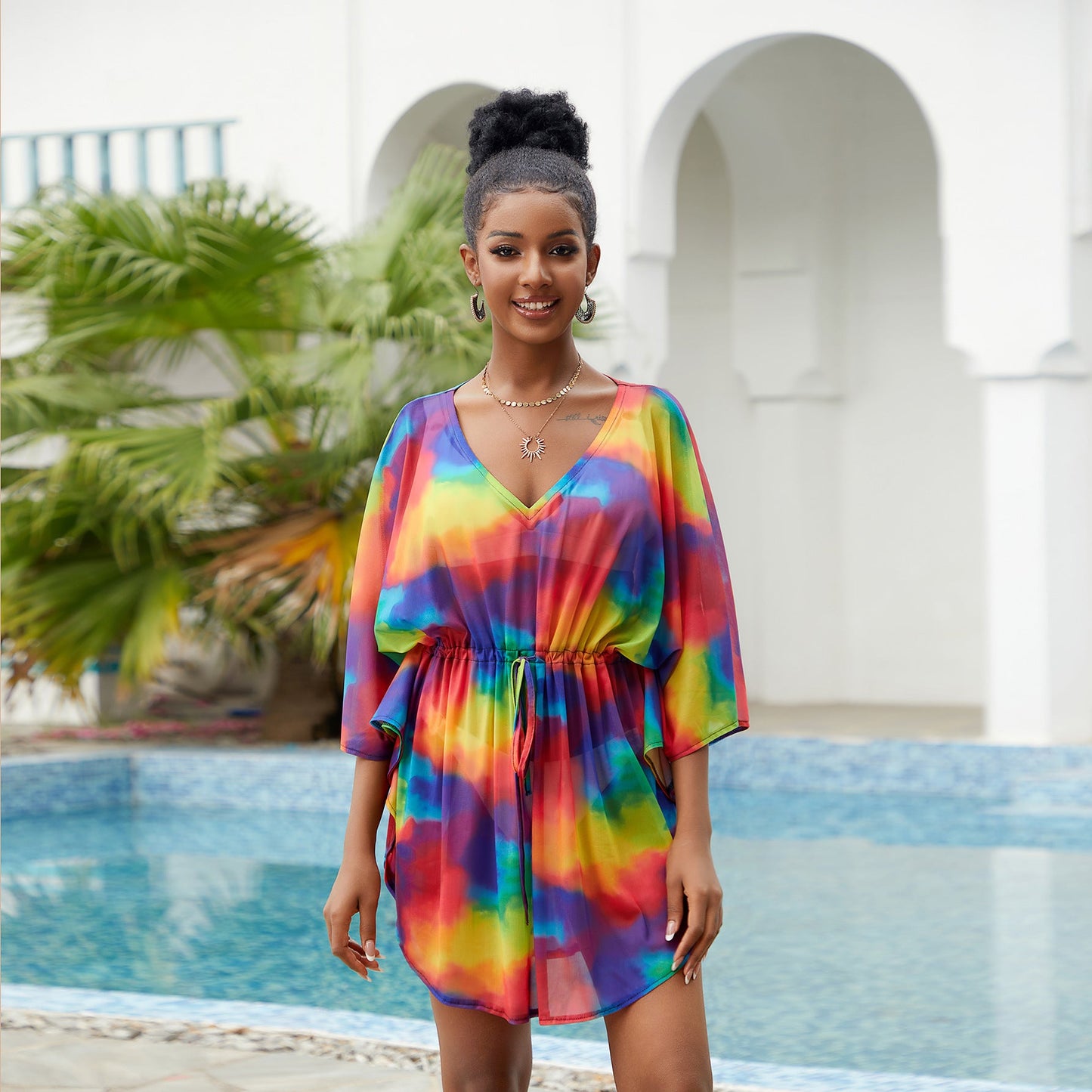 New Elastic Mesh Fabric Printed Beach Blouse Sexy Vacation Skirt Sunscreen Bikini Blouse Cover Up