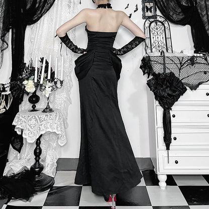 Gothic Style Lace Maxi Dress with Halter Neck