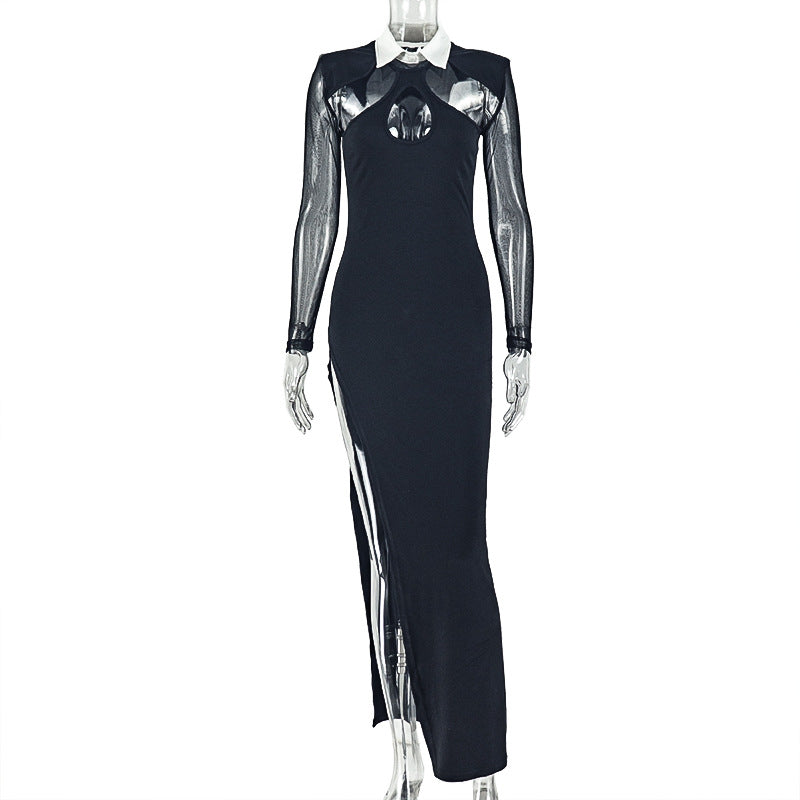 Trendy Black And White Color Block Bodycon Dress With Shirt Collar