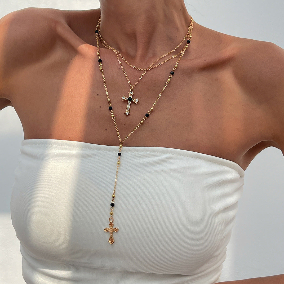 Hip Hop Cross Pendant Necklace With Imitation Pearl Chain
