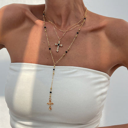 Hip Hop Cross Pendant Necklace With Imitation Pearl Chain