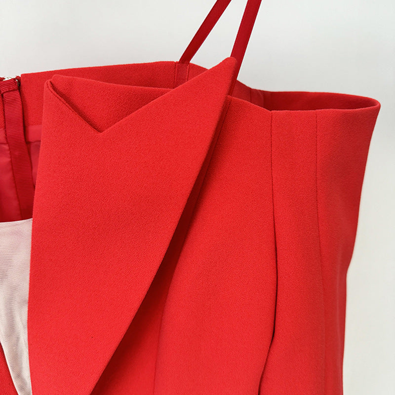 Red Zippered Blazer with Off-Shoulder Design