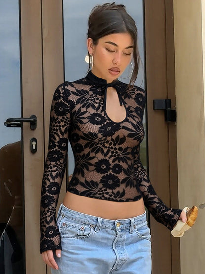 Fashionable Sheer Lace Long Sleeve Top