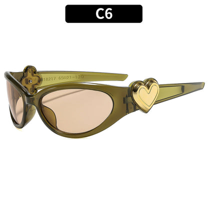 Trendy Oval Frame Sunglasses with Pink Heart Decoration