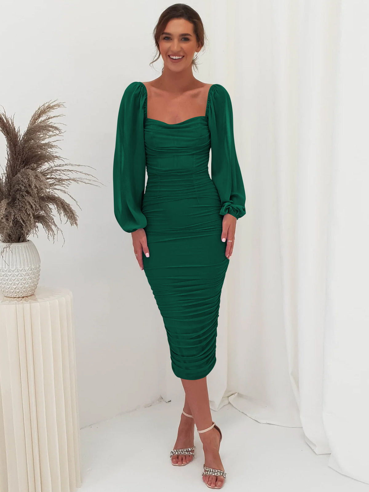 Lace Panel Maxi Dress Elegant Square Neck High Split Cocktail Dress