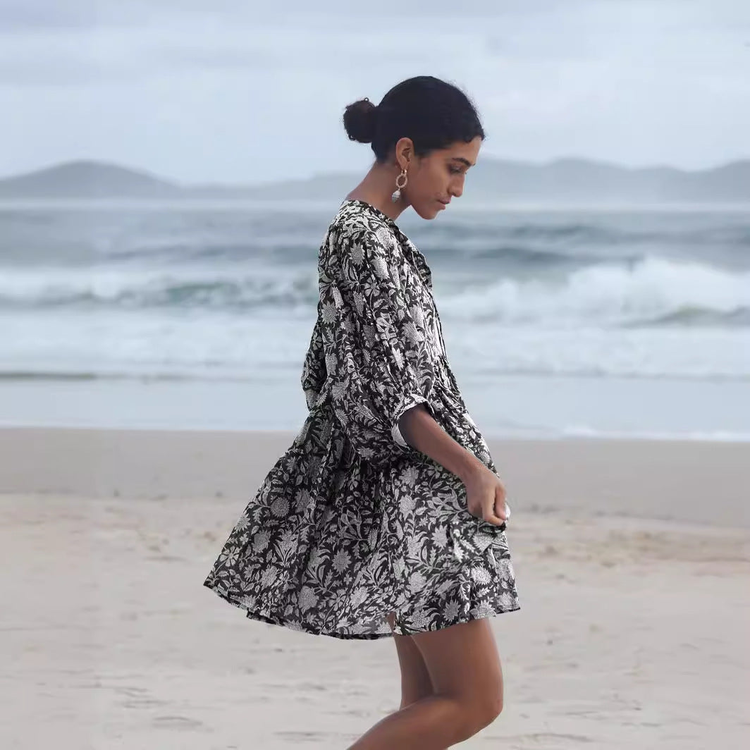 Floral Print Casual Dress with Tie Waist and Half Placket