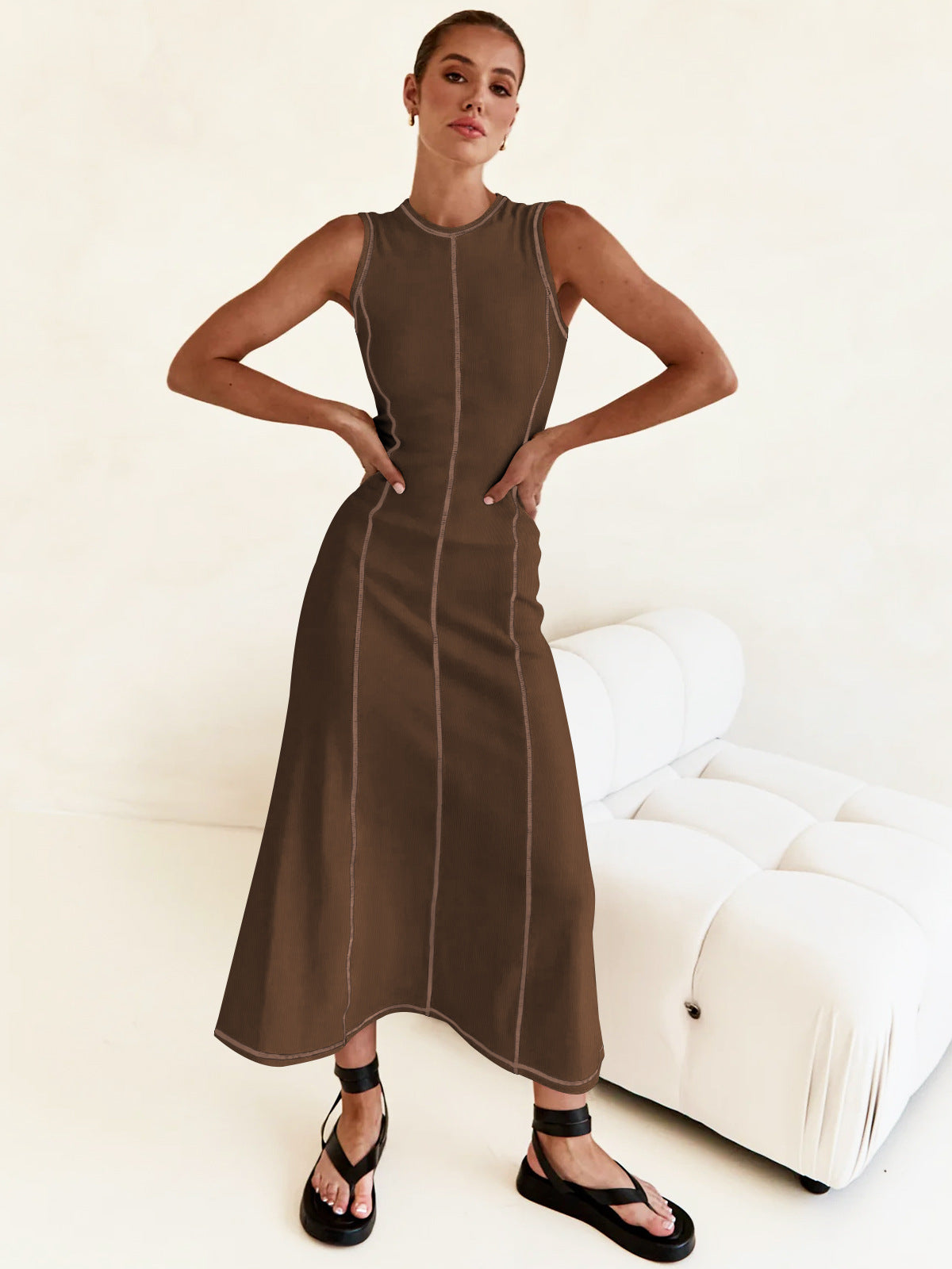 New Y2K Knit Sleeveless A-Line Dress with Round Neck