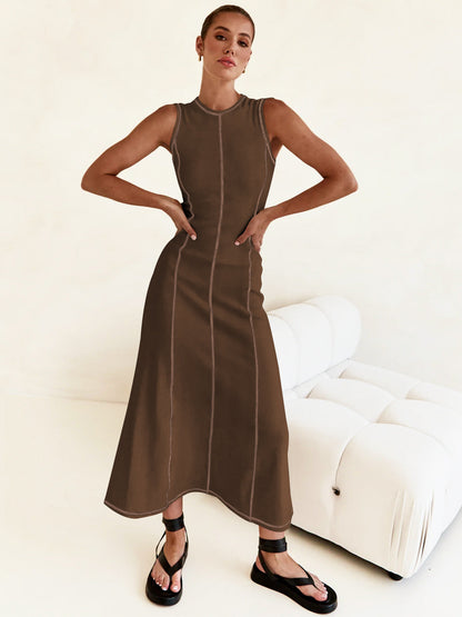 New Y2K Knit Sleeveless A-Line Dress with Round Neck