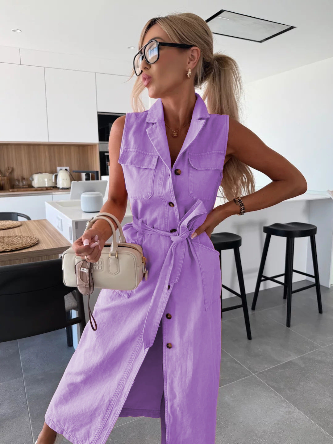 Casual Long Denim Dress With Belted Waist