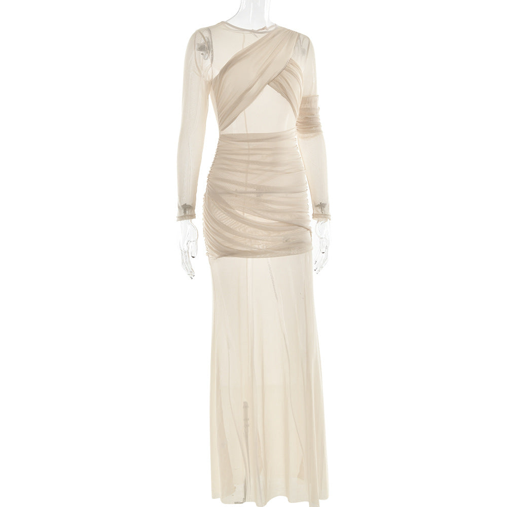 Sexy Long Sleeve Sheer Mesh Maxi Dress
