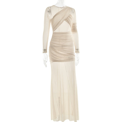 Sexy Long Sleeve Sheer Mesh Maxi Dress