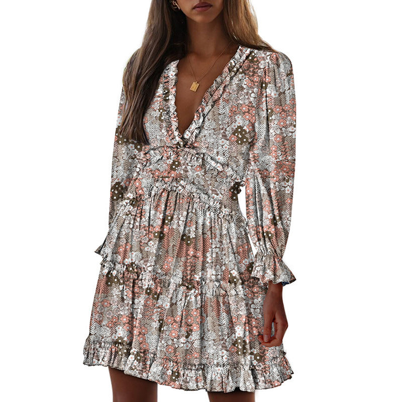 Dress Open Back Chiffon Waist Sexy High Waist Long Sleeve Floral Skirt Women