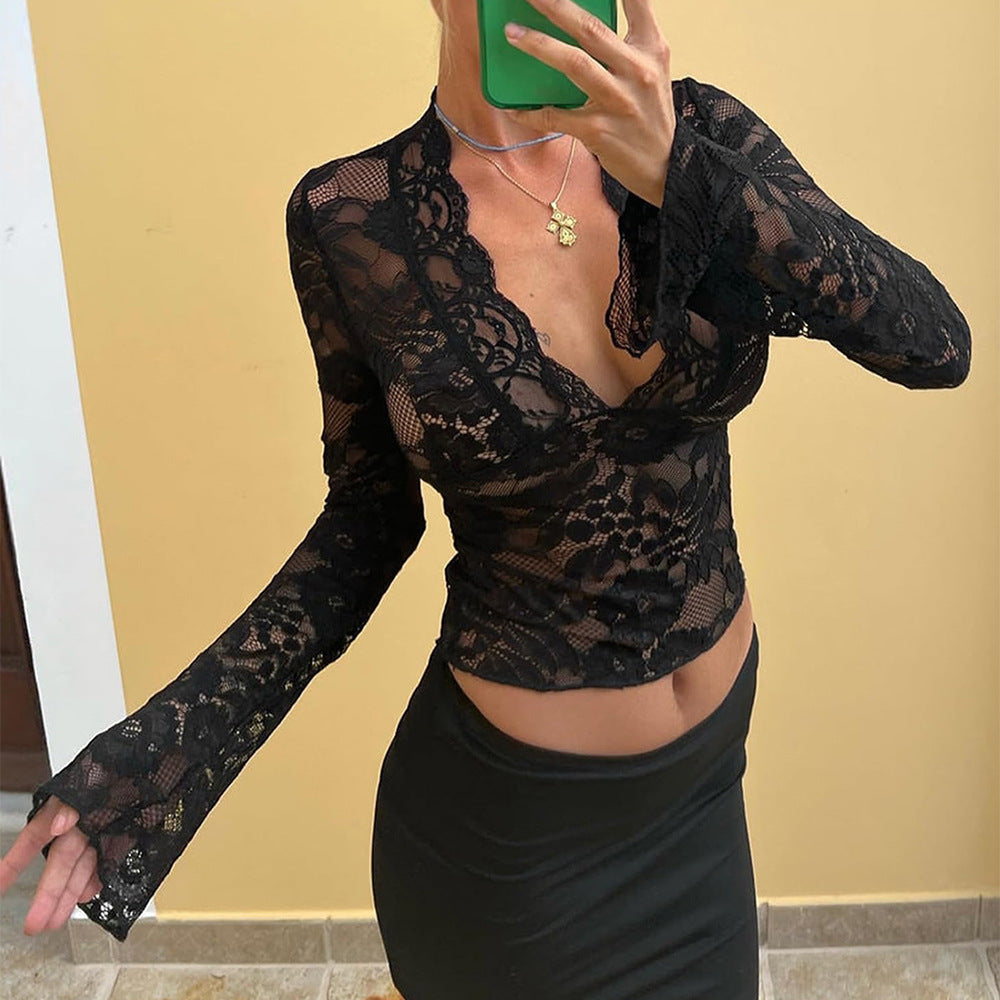 V-Neck Lace Trim Long Sleeve Top Sexy Slim Fit Street Style