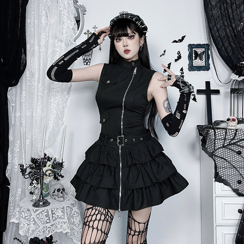 Gothic Style Zipper Mini Skater Dress for Women