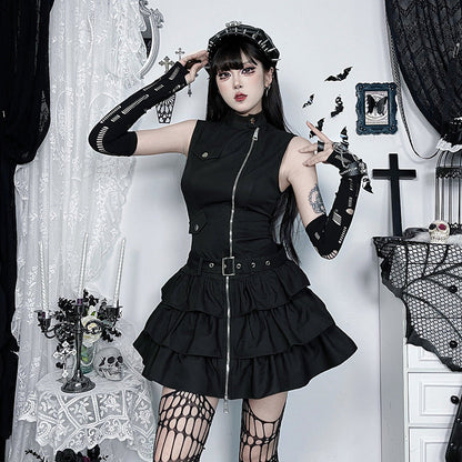 Gothic Style Zipper Mini Skater Dress for Women