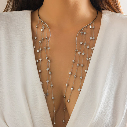 Geometric Metal Pearl Choker Necklace With Tassel