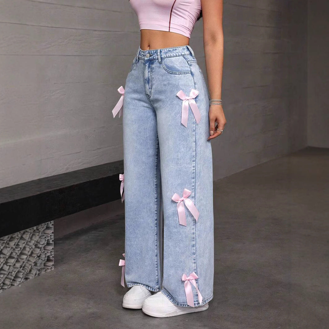 Bow Decoration Washed Street Straight Leg Jeans