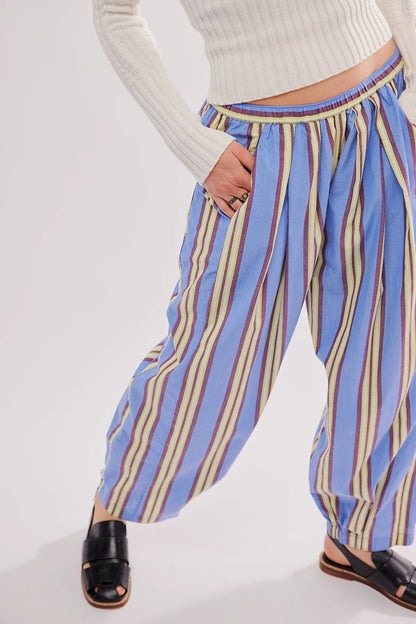 Casual Elastic Waist Color Block Striped Pants