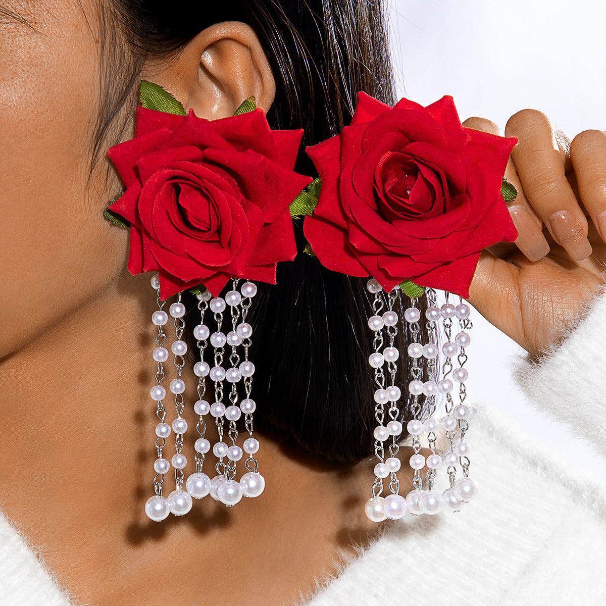 Colorful Pearl Flower Earrings Trendy Chic Fabric Design