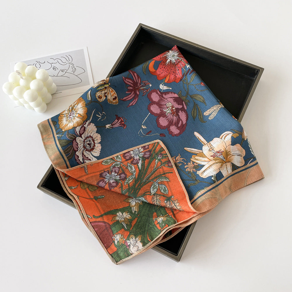 Elegant Flower Print Long Satin Scarf
