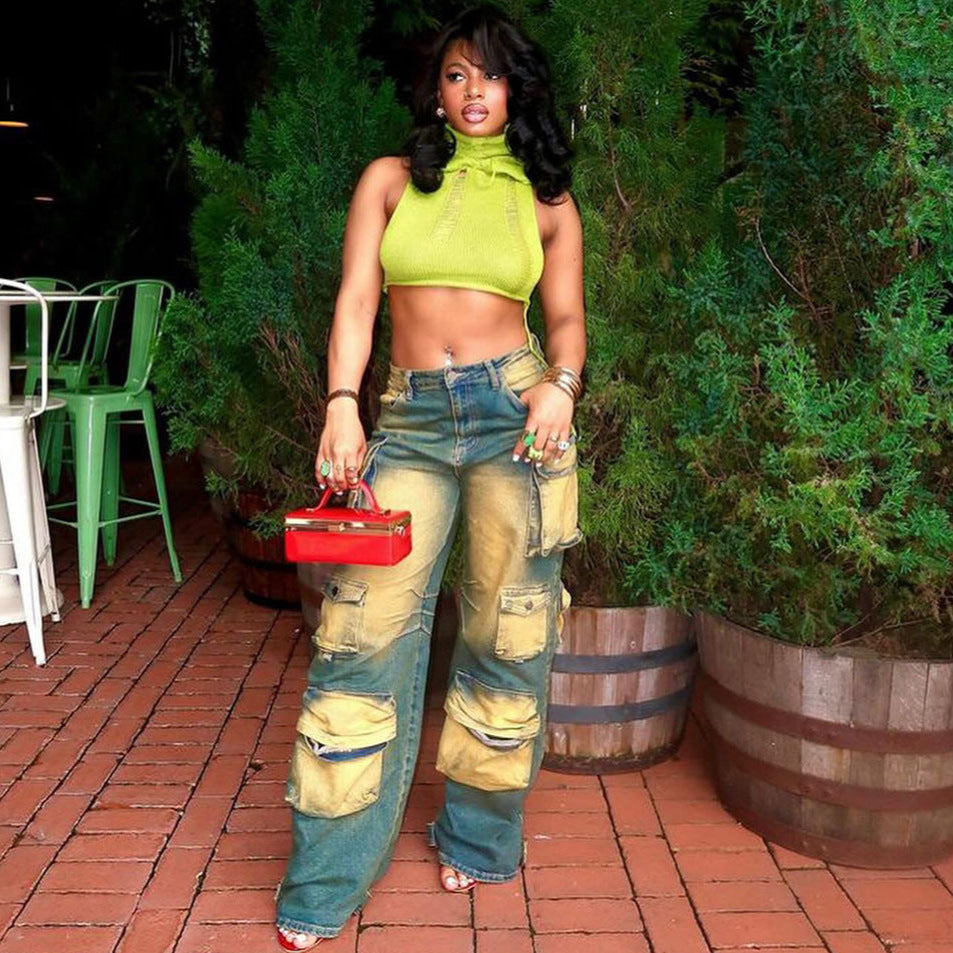 Chic High-Waisted Straight-Leg Denim Pants With Pockets