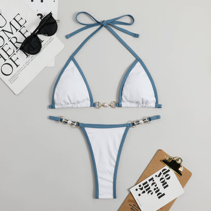 Color Block Halter Backless Swimwear