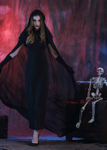 Long Black Dress With Sheer Hooded Cape