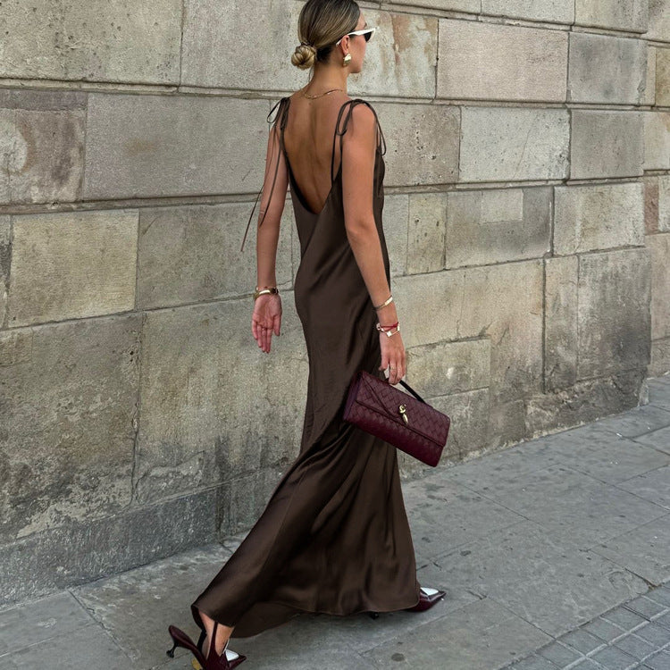 Sleek Brown Long Slip Dress with Adjustable Straps