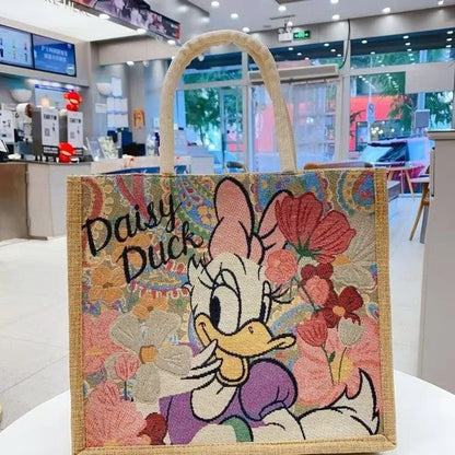 Linen Tote Bag Cute Cartoon Embroidery Large Capacity