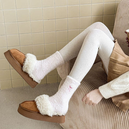 Winter Bow Embroidered Thick Plush Crew Socks