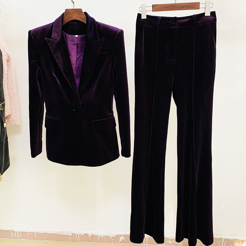 Elegant Velvet Blazer And Flare Pants Set