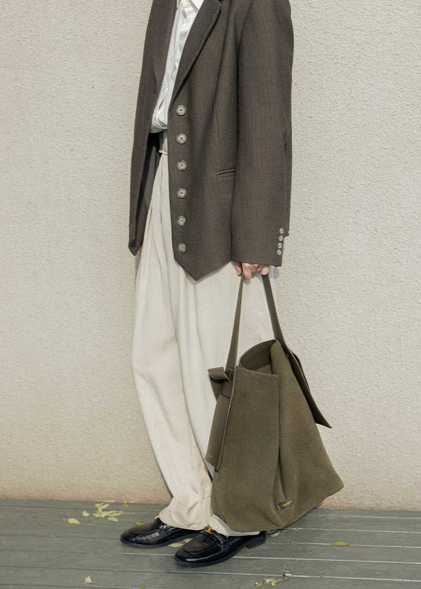 Suede Leather Bucket Tote Bag Brown Green