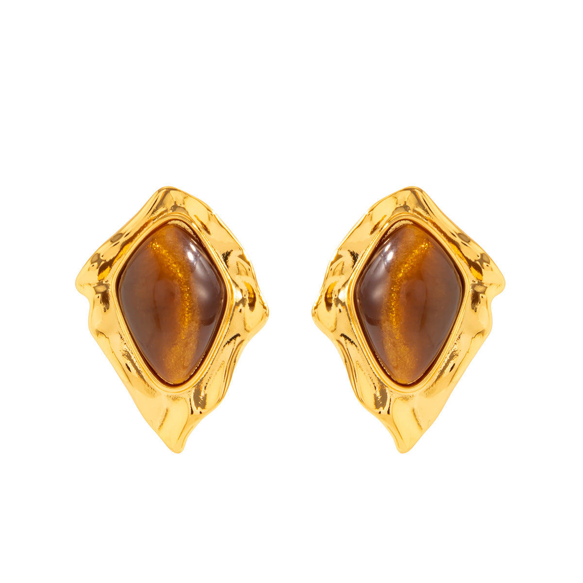 Geometric Tiger Eye Stone Earrings Trendy Alloy Metal Studs