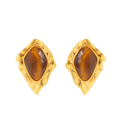 Geometric Tiger Eye Stone Earrings Trendy Alloy Metal Studs