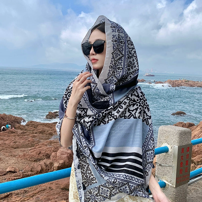 Fresh Green Ethnic Style Silk Scarf Women'S Summer Sunscreen Dual-Purpose Large Shawl Beach Towel Thin Cotton And Linen Scarf Yarn