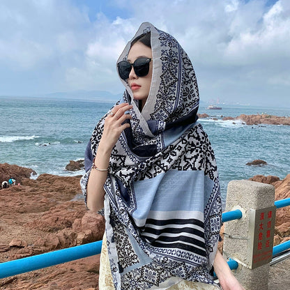 Fresh Green Ethnic Style Silk Scarf Women'S Summer Sunscreen Dual-Purpose Large Shawl Beach Towel Thin Cotton And Linen Scarf Yarn