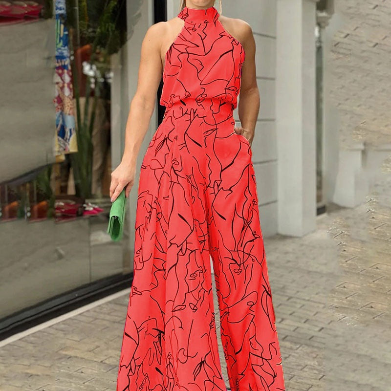 Trendy Floral Print Jumpsuit Stylish Casual High-Waisted Wide-Leg Pants