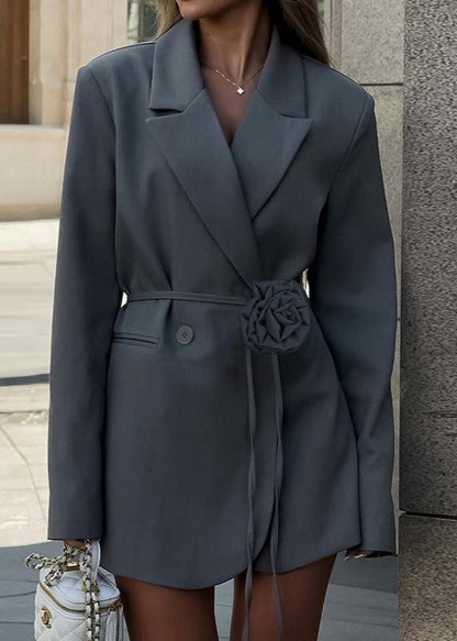 Belted Wool Blend Blazer With Floral Accent