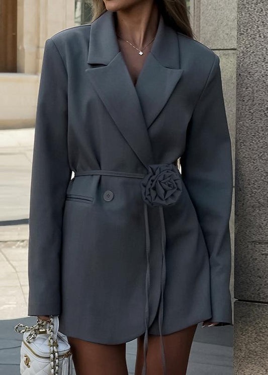 Belted Wool Blend Blazer With Floral Accent