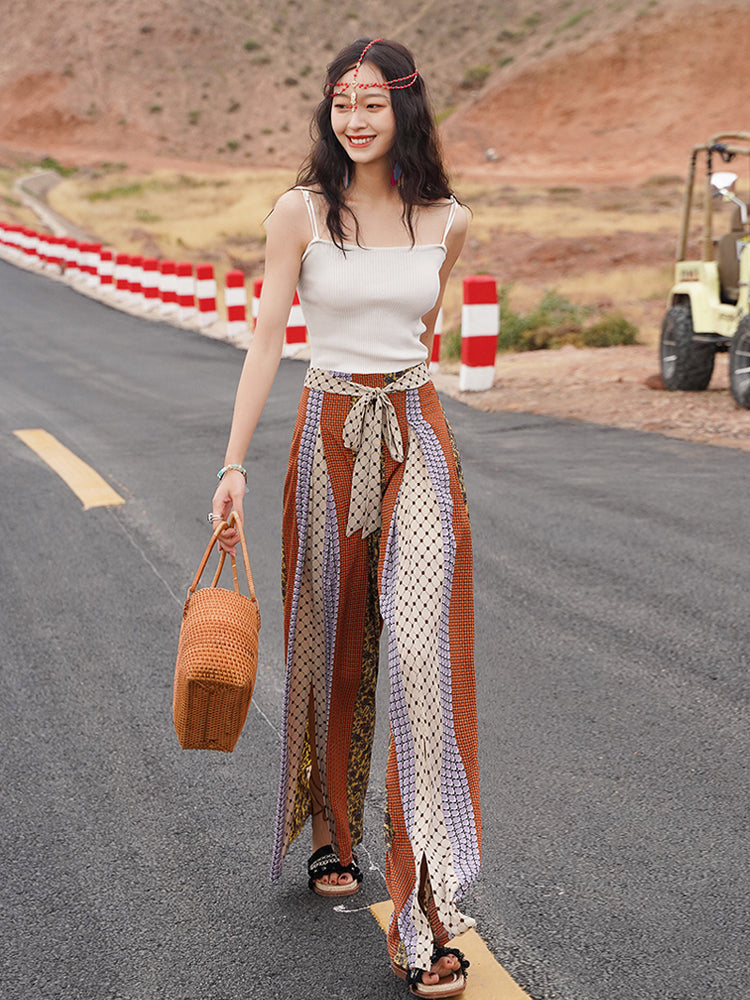 Bohemian Ethnic Wind And Snow Spinning Split Wide Leg Vacation Beach Pants Summer High Waisted Pants