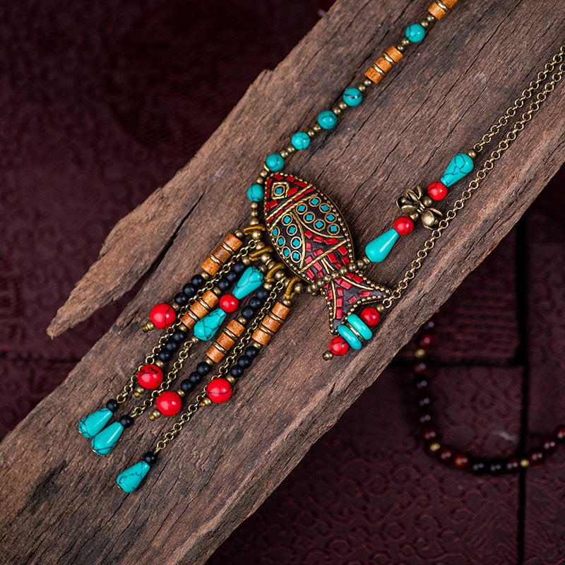 Nepal Retro Ethnic Style Long Necklace Sweater Chain Tibetan Beaded Fringed Necklace